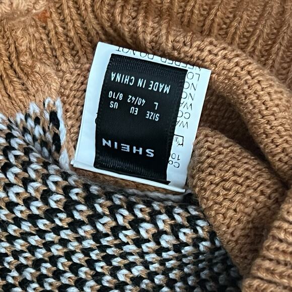 Shein Argyle Sweater Size Medium Preppy Tan Cropped Long Sleeve V Neck - Picture 5 of 8